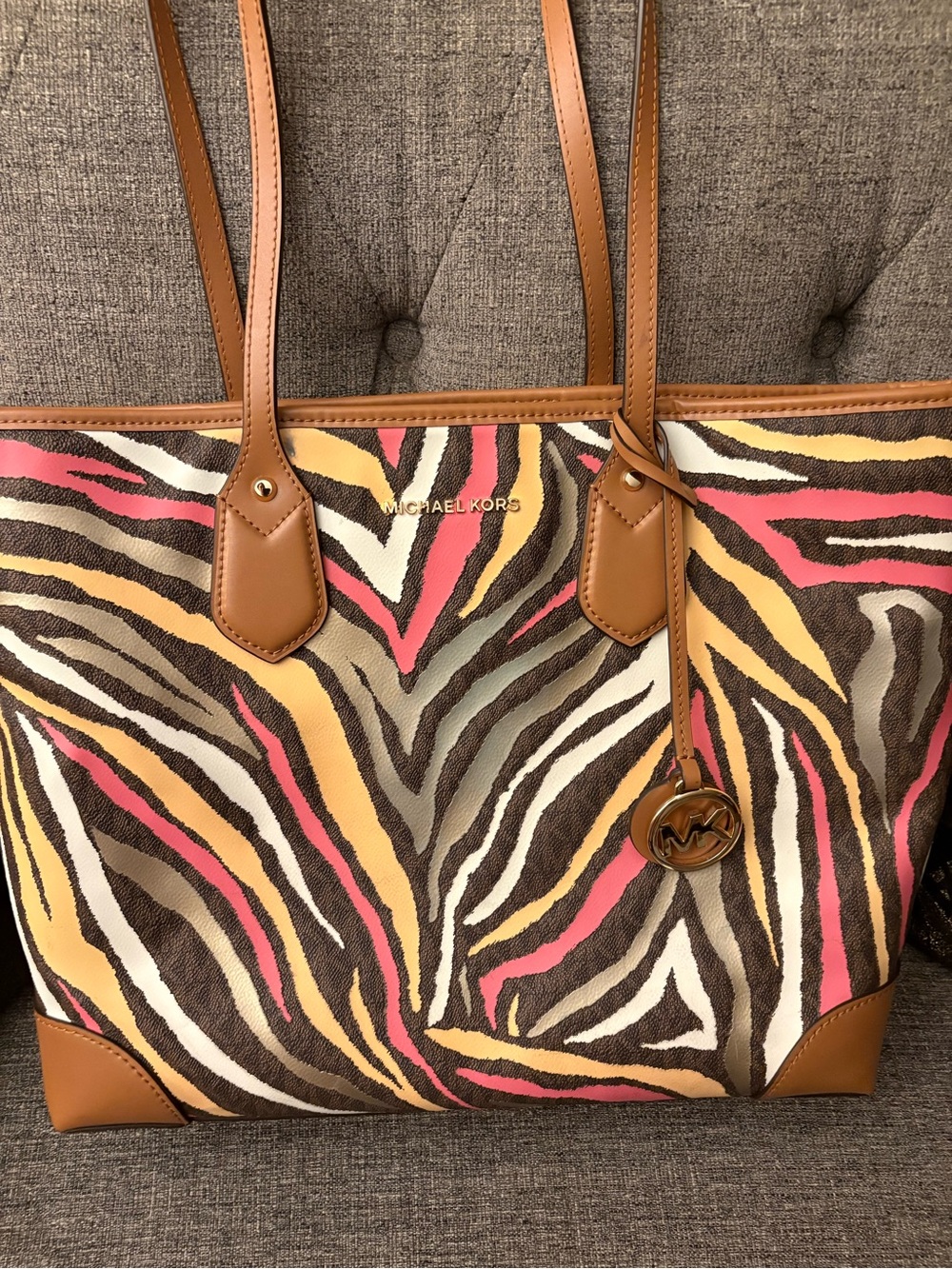 Michael Kors Multicolor Zebra-Print Tote with Tan Leather Trim